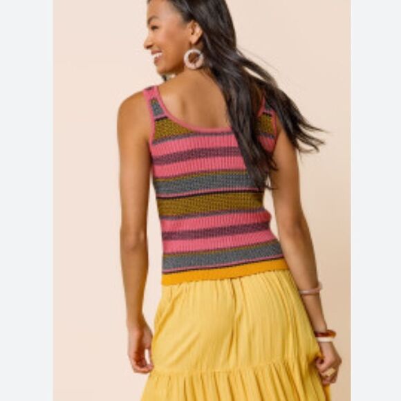 ALYA Multicolor Knitted Striped Scoop Neck Full Button Front Tank Top - Picture 2 of 9